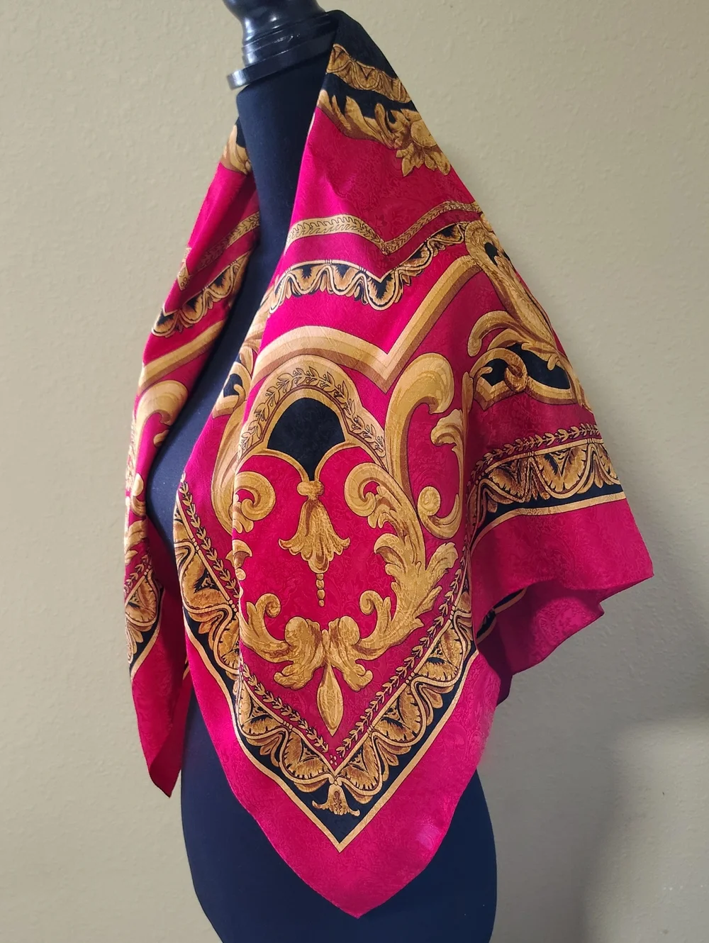 Vintage 100% Silk Red Gold Baroque Print Square Large Scarf 